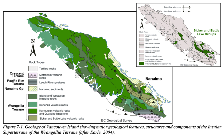 Geology of Vancouver Island showing major geological features, structures and components of the Insular Superterrane of the Wrangella Terrane